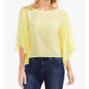 Vince Camuto Drop Shoulder Ruffle Sleeve Blouse Textured Sheer Top Lemon Cream S